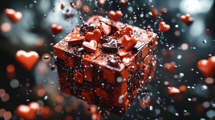 An artistic representation of a cube adorned with heart-shaped chocolate pieces, symbolizing love and affection in a vibrant, dynamic way that captures attention.