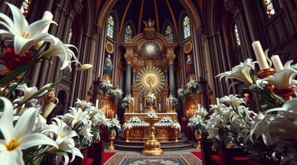 Majestic Church Altar with White Lilies and Golden Details