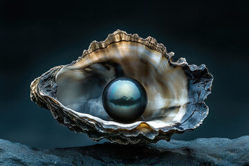 dramatic open oyster with huge black Tahitian pearl sitting inside