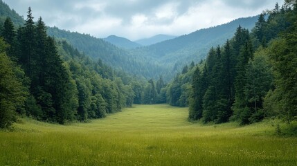 Green meadow surrounded by trees leads to forest and mountains under cloudy sky. Evergreen trees on rolling hills in peaceful nature landscape.
