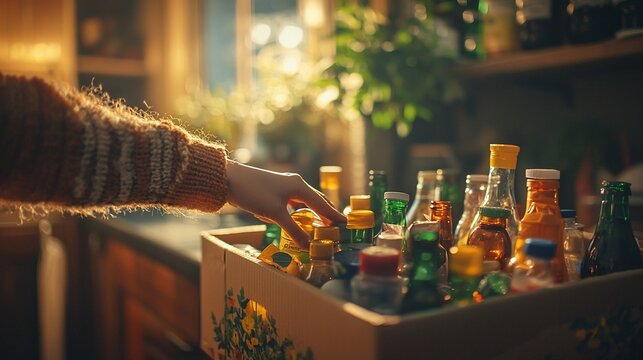 Woman selecting bottle from wooden crate in kitchen