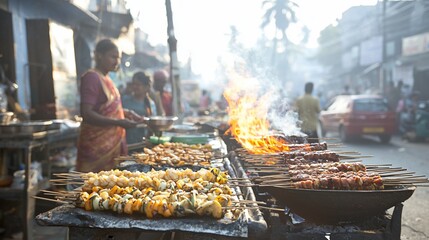 Street vendor grilling kebabs, busy Indian city street, morning sun, food stall