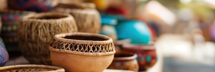 A variety of beautifully crafted woven baskets are showcased together, reflecting traditional artistry and cultural heritage in a vibrant marketplace full of life.