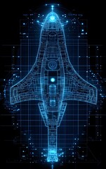 A futuristic spacecraft carrier blueprint with docking bays, shield generators, and an advanced control bridge.