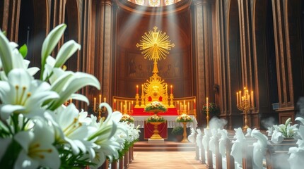 Fototapeta premium Glorious Church Altar with Lilies and Sunbeams