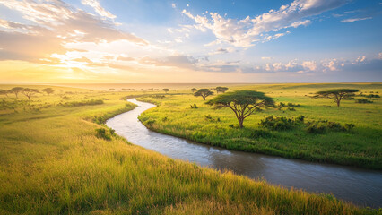 Obraz premium Expansive Savanna with Winding River and Sunset Glow