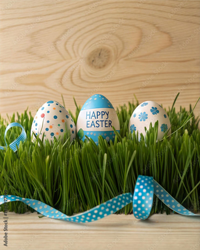 Aufkleber a vibrant easter scene featuring three painted eggs nestled in lush green grass, each adorned with a