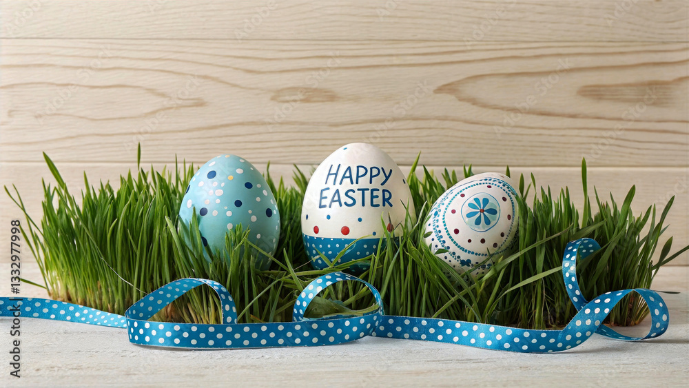 Poster a festive scene featuring three painted easter eggs nestled in lush green grass, each adorned with a