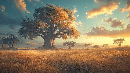 Fototapeta premium Expansive Savanna with Baobab Trees and Sunset Glow