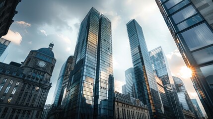 Naklejka premium Modern Skyscrapers Reflecting Sunset in Urban Skyline Architectural Marvels and Historical Str