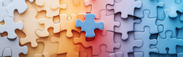 Obraz premium A minimalistic surreal illustration of interlocking puzzle pieces in soft tones, with one piece in bold Pride colors, completing the figure