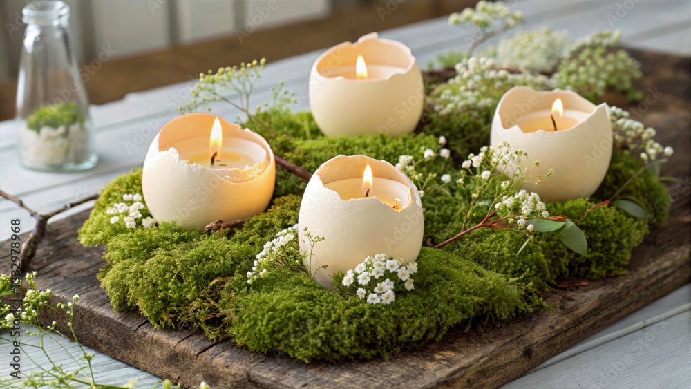 Poster a rustic wooden tray adorned with moss and candles, surrounded by delicate flowers and leaves. the c