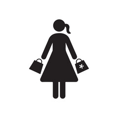 woman with shopping bags.Woman Shopping with Bags - Simple Icon Representing Consumerism.A black and white icon of a woman carrying shopping bags, symbolizing consumerism or shopping activity.