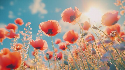 Obraz premium Sunny poppy field, summer bloom, vibrant flowers, nature background, idyllic scene