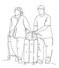 Senior couple walking with suitcases. Travel. Continuous line drawing. Black and white vector illustration in line art style.