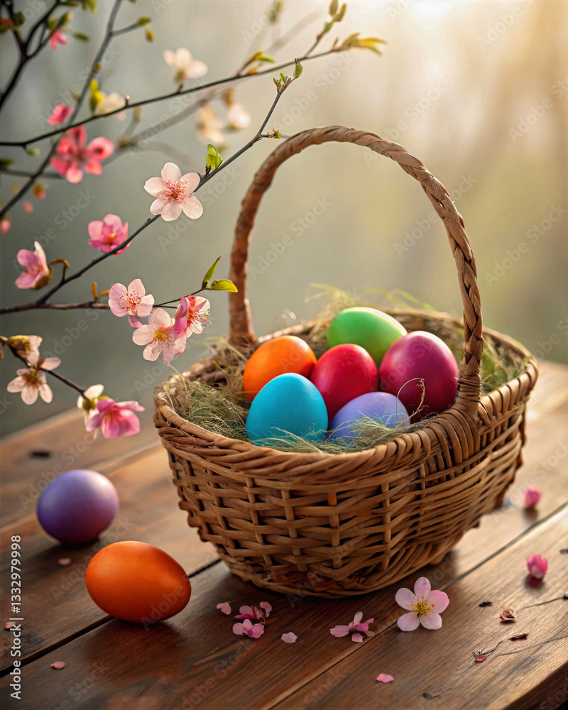 Poster a vibrant and festive scene featuring a basket filled with colorful easter eggs, placed on a wooden 