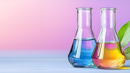 Vibrant Blue and Yellow Liquids in Erlenmeyer Flasks on Wooden Surface