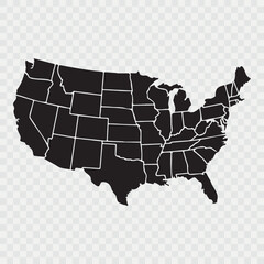 USA Map Black, State Border, United States, US America, Transparent Isolated, Variations. High detailed vector map - USA. Vector icon. Color set