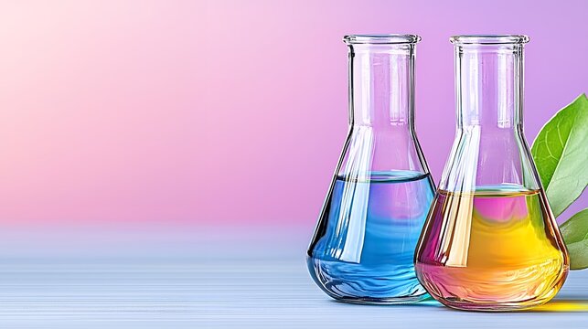 Vibrant Blue and Yellow Liquids in Erlenmeyer Flasks on Wooden Surface