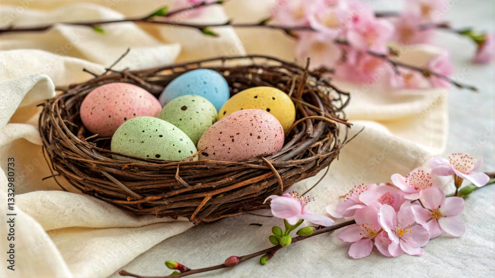 Poster a rustic scene featuring a nest filled with speckled easter eggs in various colors, accompanied by d