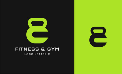 Logo Fitness letter C with Gym equipment concept. Dumbble, bumble, kettlebell concept. Fitness, health, body builder logo design template.