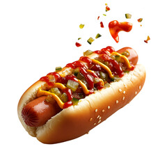 A Delicious Hot Dog with Ketchup Mustard and Relish Isolated on Transparent Background