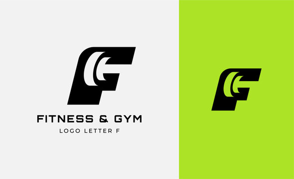 Logo Fitness letter F with Gym equipment concept. Dumbble, bumble, kettlebell concept. Fitness, health, body builder logo design template.