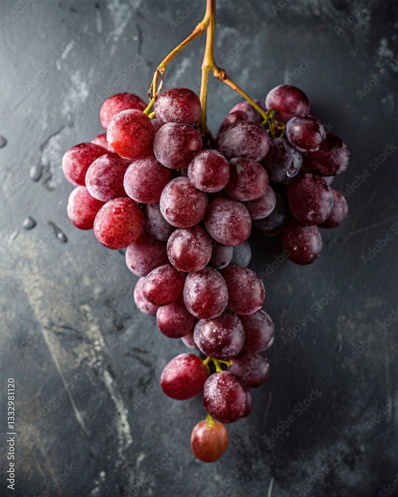 Poster a close-up of a bunch of red grapes with water droplets on a dark, textured surface. the grapes are 