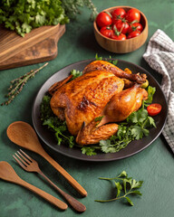 A top-down view of a table setting, featuring a roasted turkey garnished with fresh parsley and tomatoes, accompanied by wooden utensils and a cloth. The turkey is placed on a plate, surrounded by lea