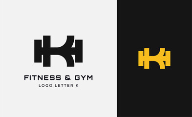 Logo Fitness letter K with Gym equipment concept. Dumbble, bumble, kettlebell concept. Fitness, health, body builder logo design template.