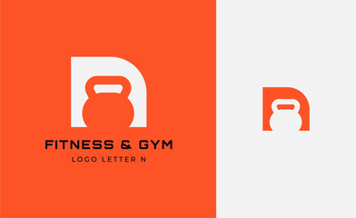 Logo Fitness letter N with Gym equipment concept. Dumbble, bumble, kettlebell concept. Fitness, health, body builder logo design template.