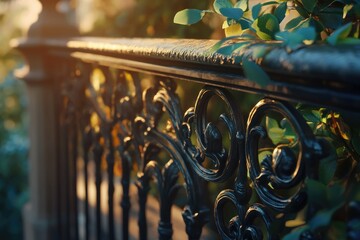 Ornate black metal fence detail with lush green foliage in warm sunset light.