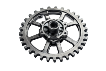 Metal gear component design isolated, mechanical cogwheel engineering, cut out transparent