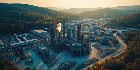 Aerial view of an industrial complex with smokestacks and storage tanks surrounded by mountains.