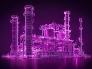 A digital rendering of a futuristic industrial power plant in vibrant pink hues.