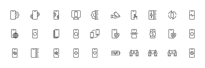 Set of phone icons with various features and functions in minimalist outline style