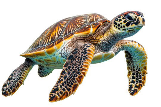 Sea turtle swimming, tropical animal close up, isolated , cut out transparent