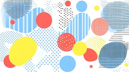 Colorful geometric shapes of varied sizes and patterns on a white background