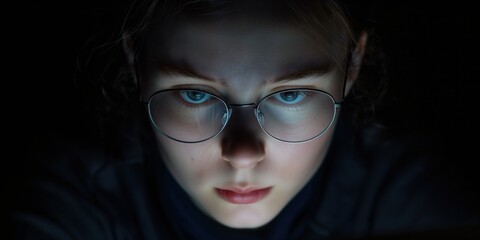 A close-up of a young woman with glasses intensely staring at a bright screen in a dark environment, embodying concentration, dedication, and the thirst for knowledge in the modern age.
