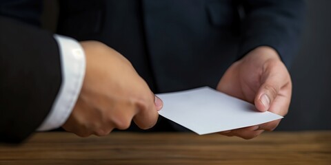 A professional man in a formal suit is seen passing a blank sheet of paper to another, symbolizing a transfer of information, trust, or agreement in business.