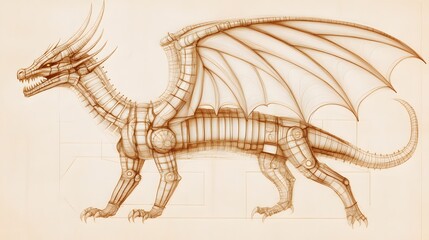 Obraz premium A mechanical dragon blueprint featuring segmented wings, internal energy cores, and detailed exoskeleton armor.