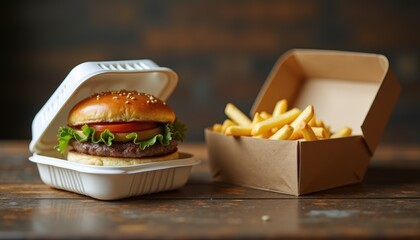 Plastic clamshell container and biodegradable kraft box with burger and fries
