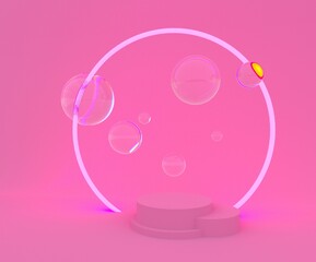 Minimalist 3D illustration of a studio with glowing neon pink ring, featuring transparent bubbles and an empty space for a product, creating a futuristic and ethereal atmosphere.