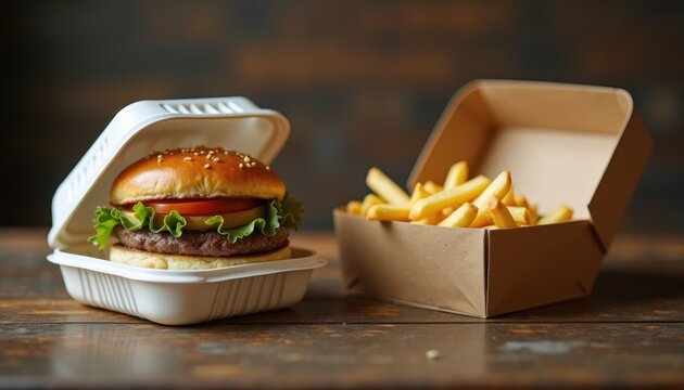 Plastic clamshell container and biodegradable kraft box with burger and fries