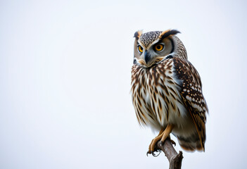 Obraz premium An isolated owl displays its captivating eyes and intricate feather patterns against a neutral backdrop, highlighting its beauty.