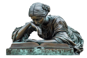 Bronze statue of thoughtful woman reading open book, cut out transparent