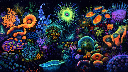 A vibrant underwater ecosystem teeming with bioluminescent flora and fauna, a kaleidoscope of colors and textures interweaving into a mesmerizing tapestry of life. Organic Tapestry. Illustration