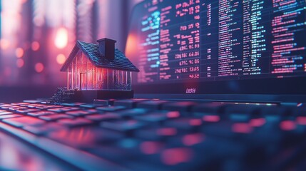 Model house on laptop, code screen, digital architecture in neon-lit, blurred background