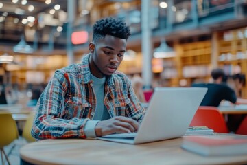 Fototapeta premium Young Black Man Concentrating While Using Laptop in a Public Space