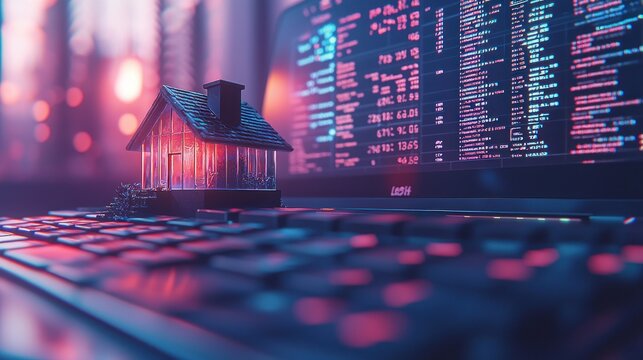 Model house on laptop, code screen, digital architecture in neon-lit, blurred background